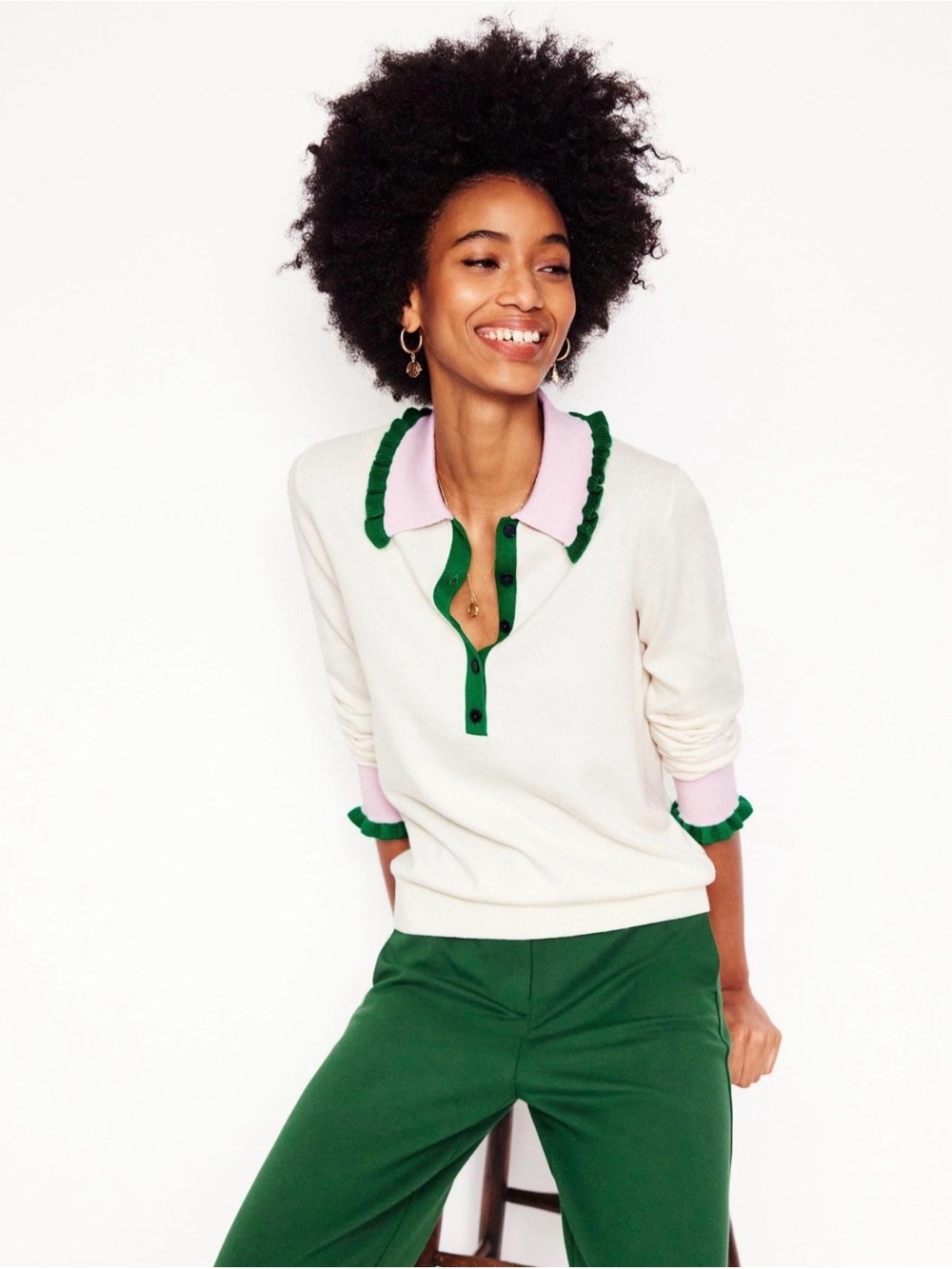 Boden Cream Filled blend Sweater with Pink Collar and Green Trim